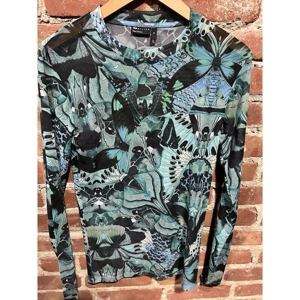 Asos Designs Top Womens Blue Butterfly Print Mesh Long Sleeve Boho